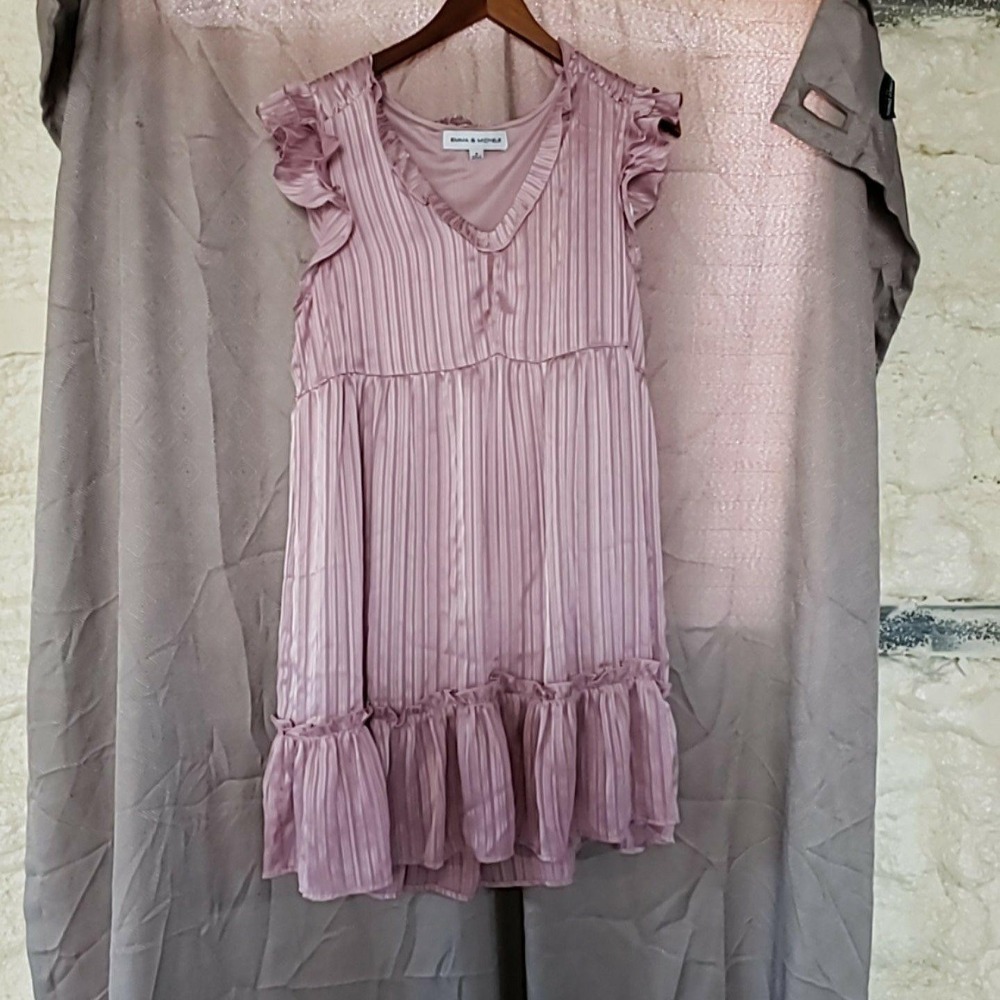 Emma & Michele Dress Womens Medium Pink Stripe‎ Flutter Sleeve V Neck Ruffle Hem